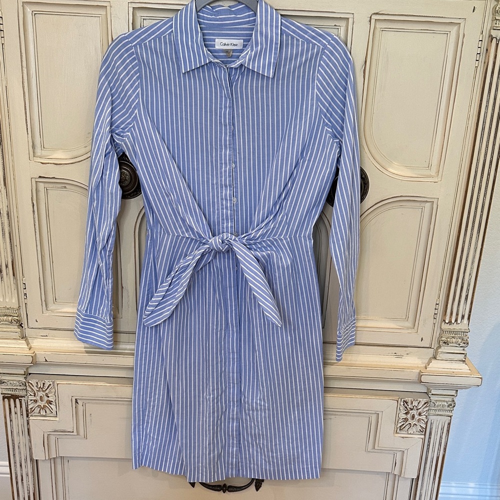 Calvin Klein Blue and White Striped Tie-Front Shirt Dress